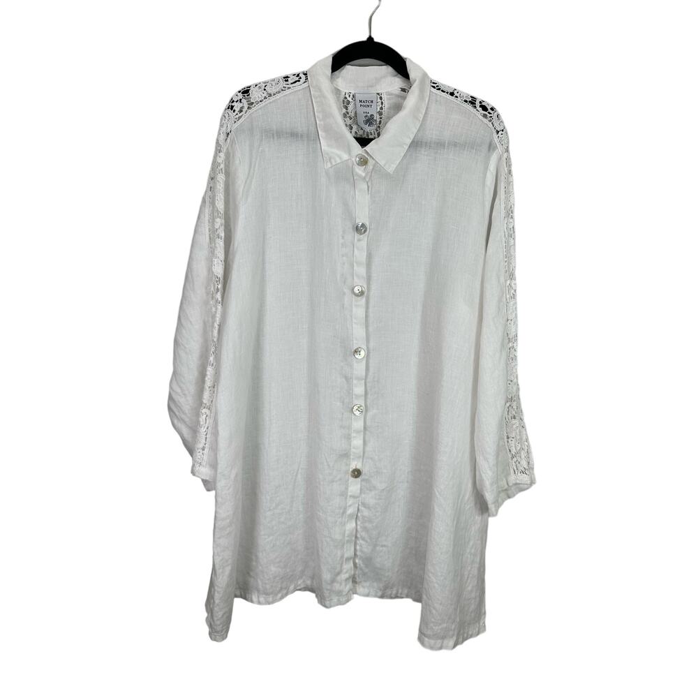 Match Point Women’s White Linen Tunic Lagenlook Button Down Blouse Top size L